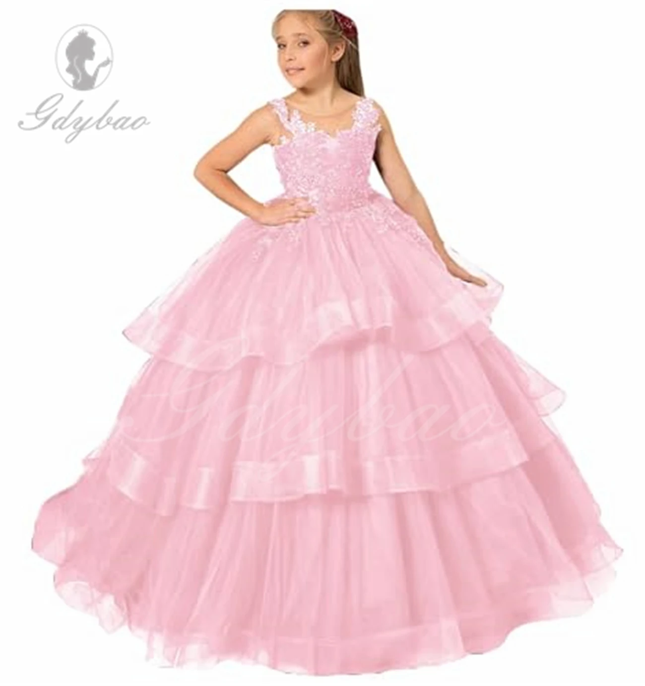 Yellow Flowers Girl Dresses Tulle Puffy Appliques Layered Sleeveless Tail for Wedding Birthday Banquet Princess Dresses