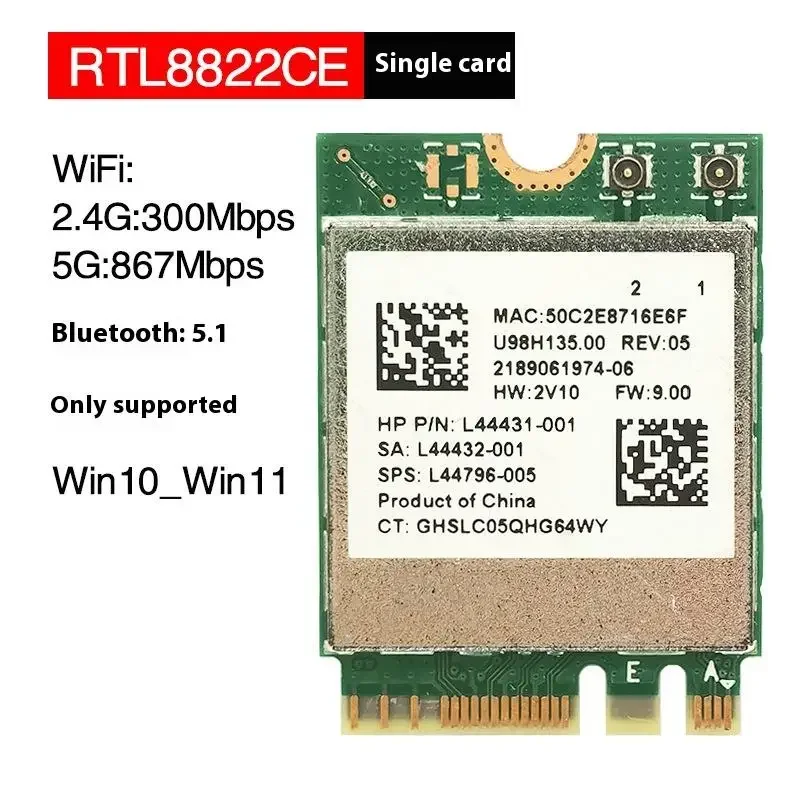 1 Set NGFF 2.4Ghz Bluetooth-compatible WIFI Card IPX Connector Card RTL8822CE Dual-Band 802.11ac 1200Mbps M2 Wifi Card