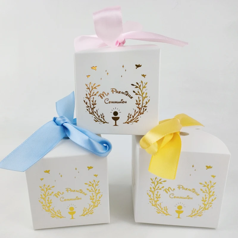 20 pieces 6.5x6.5cm Ma Première Communion Small Gift Box For France Kids First Communion Party Decoration Box