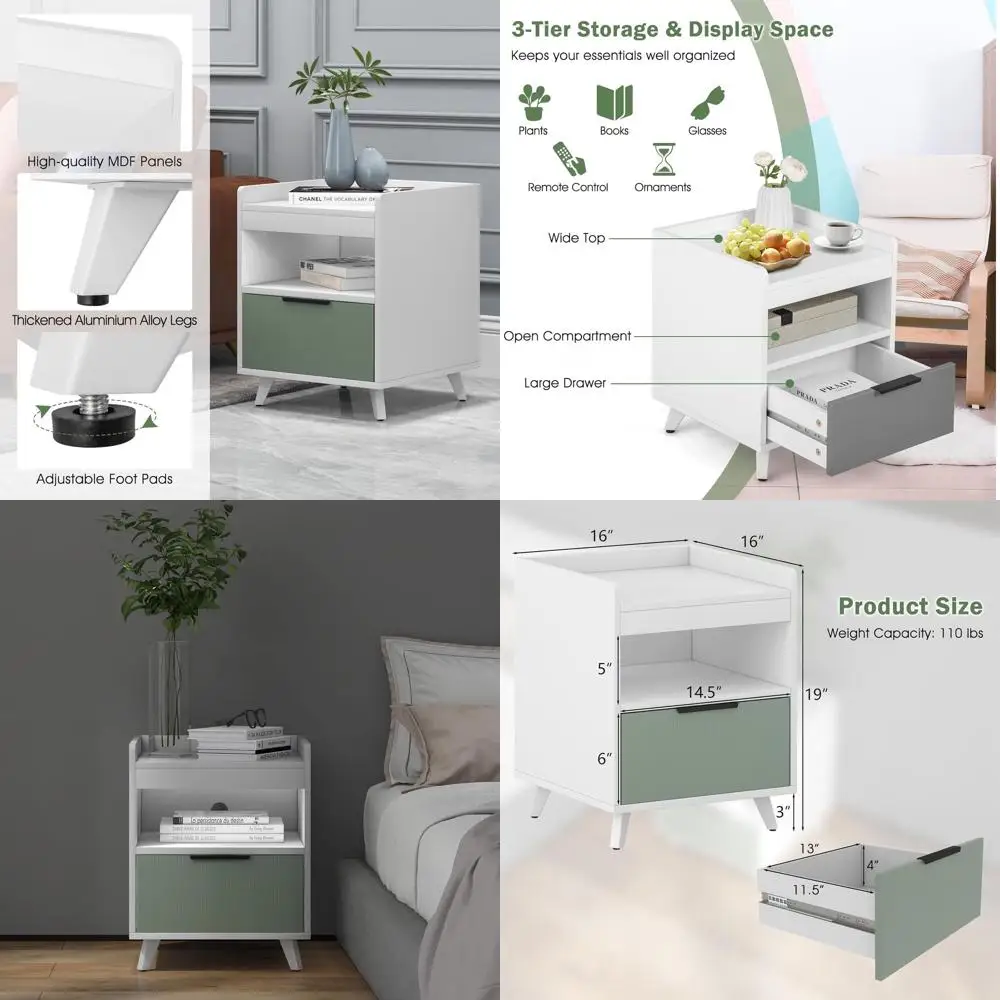 

3-х уровневая тумбочка для хранения вещей с выдвижным ящиком и открытой полкой, современный приставной столик для спальни 16 x 16, белый и зеленый