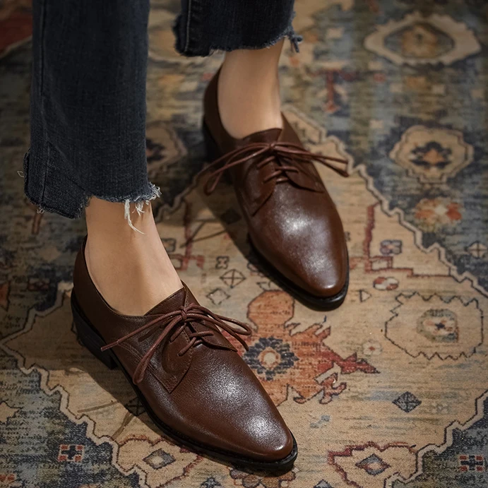 LIHUAMAO Cow Leather Women Shoes casual block heel Square Heel Lace Up oxford shoes chunky heel Footwear thick heel derby shoe