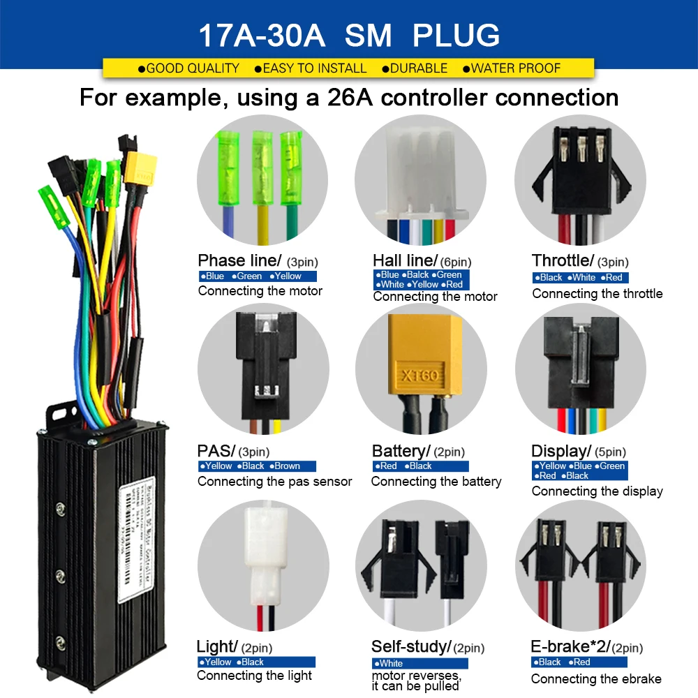 Ebike Three-Mode SineWave Controller 250-2000W Brushless Controller 36V48V 17/26/30/40A with Learning Function for Electric Bike