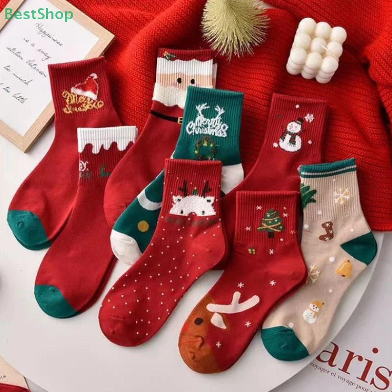 

♥Christmas Themed Mid-Calf Socks Set 5 Pairs Santa/Reindeer/Tree Printed Socks for Women/Men Festive Holiday Casual Socks