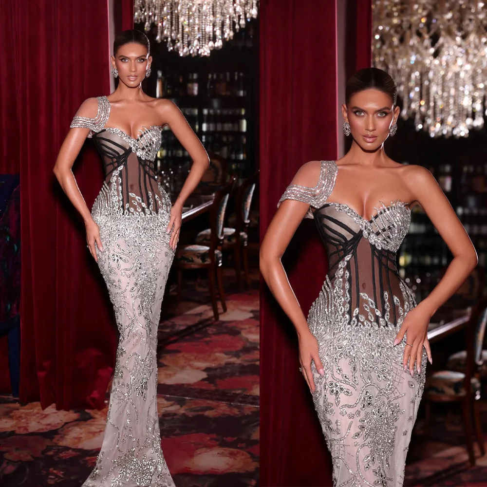 

Modern Sequins Evening Dresses One Shoulder Mermaid Prom Dress Shiny Slim Fit Illusion Sleeveless Party Gown Vestidos De Noche