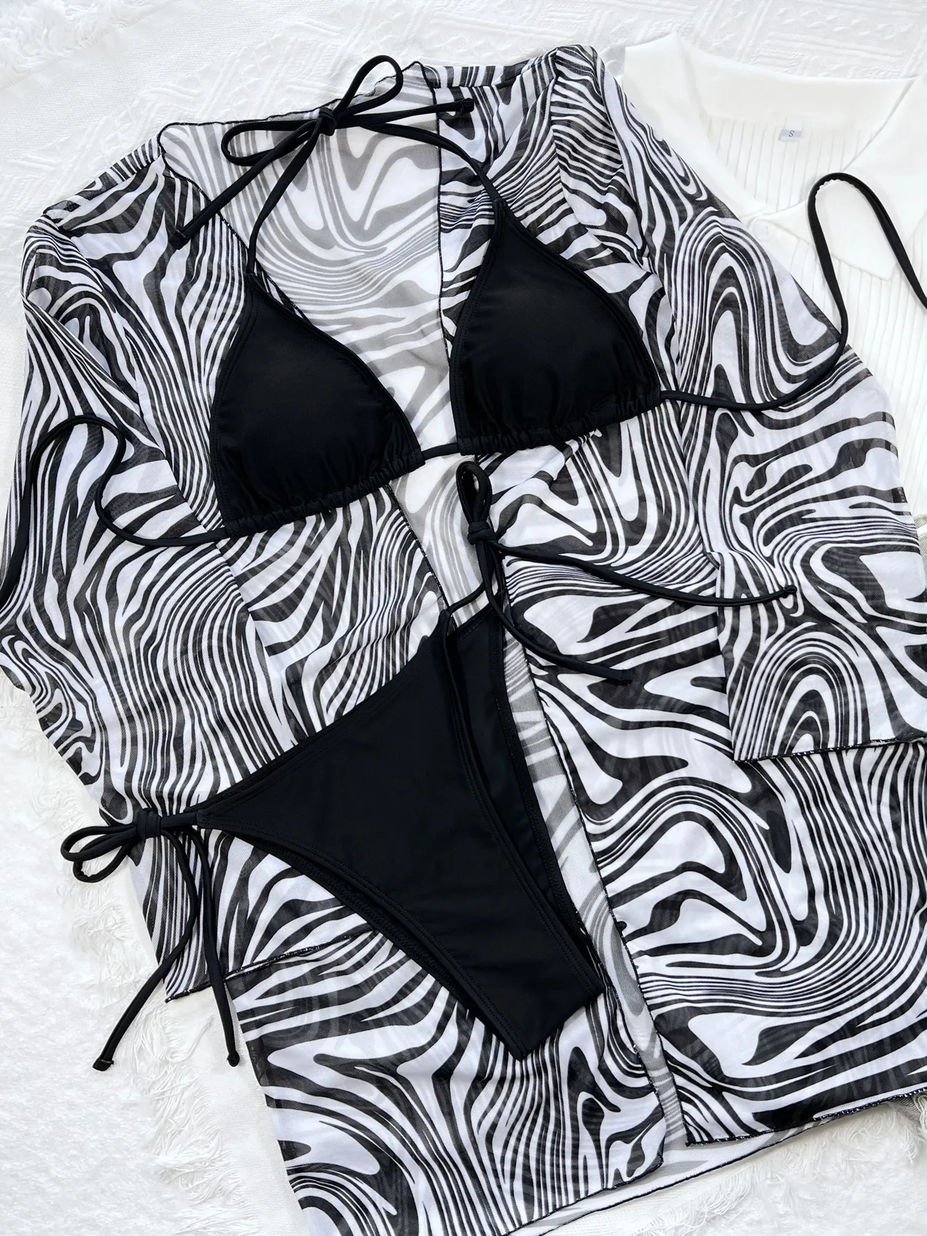 Bikini Set Sexy Black Micro Thong 3 Piece Swimwear Swimsuit with Zebra Striped Print Cover Up Halter Bathing Suit Beach Wear