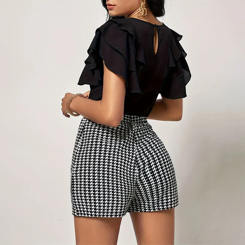 Elegant and Classic Houndstooth Elastic Waistband Button Decoration Shorts Versatile Commuting Five Quarter Pants Casual Pants