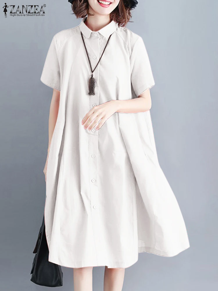 ZANZEA Summer Women Shirt Dress Oversize Lapel Neck Short Sleeve Buttons Knee-length Vestido Solid Fashion Casual Loose Sundress