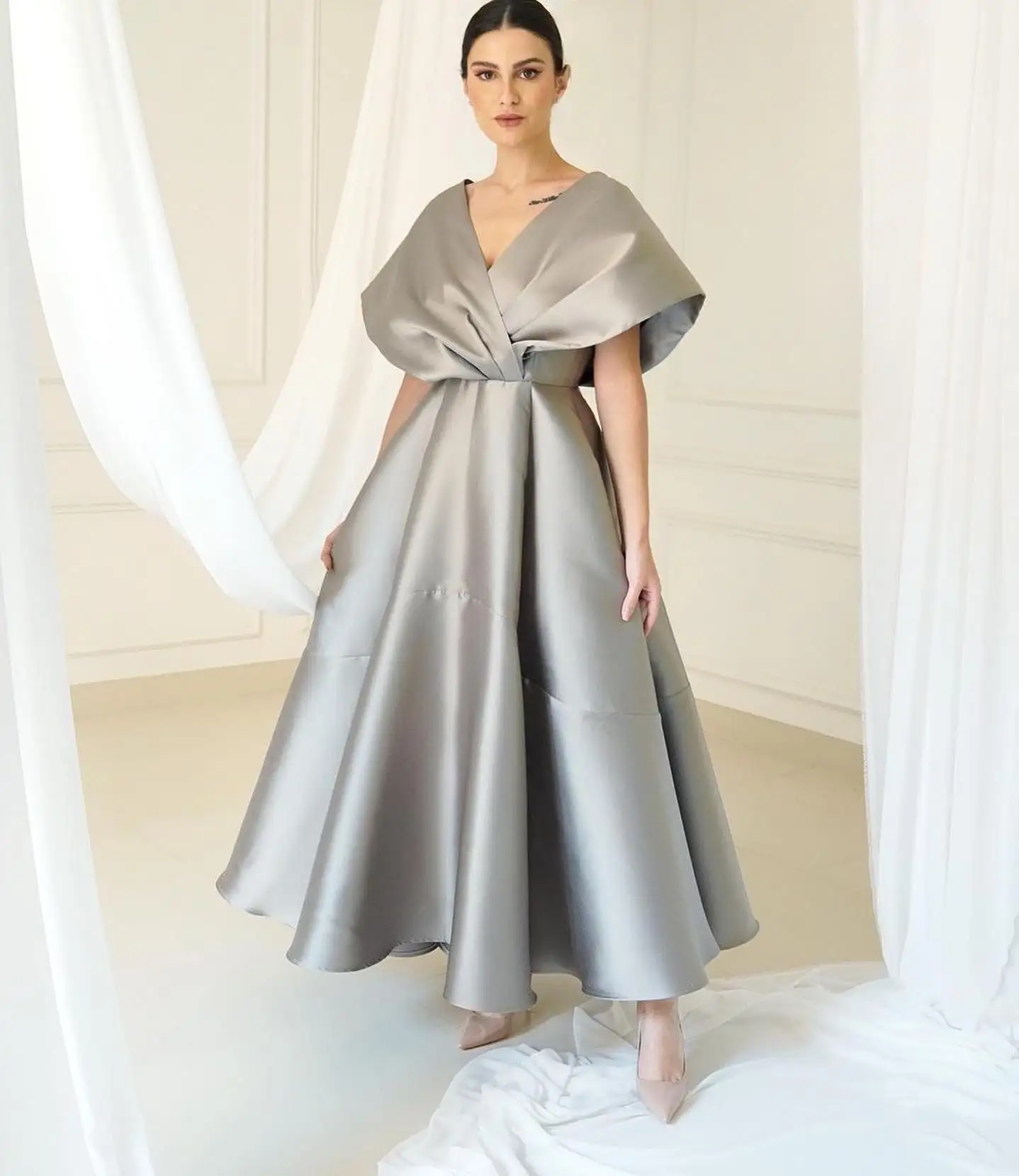 

Customized Exquisite Draped V-Neck Ankle Length A-Line Satin Evening Dress Modern Off The Shoulder Pleat Bespoke Occasion Gowns