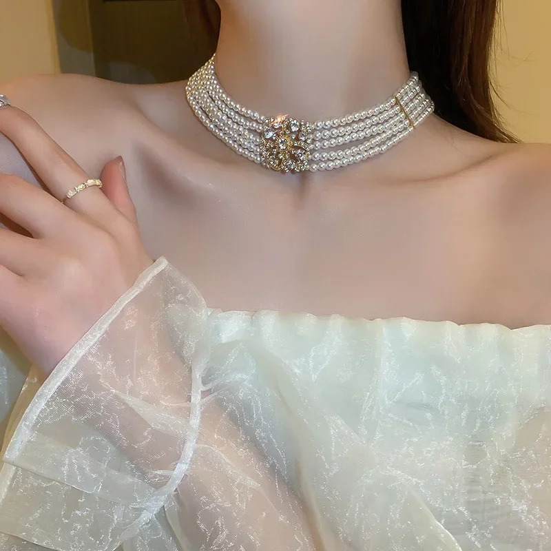 Multi-layer Pearl Choker Necklaces for Women Retro Neckchain Court Fashion Collares Jewelry