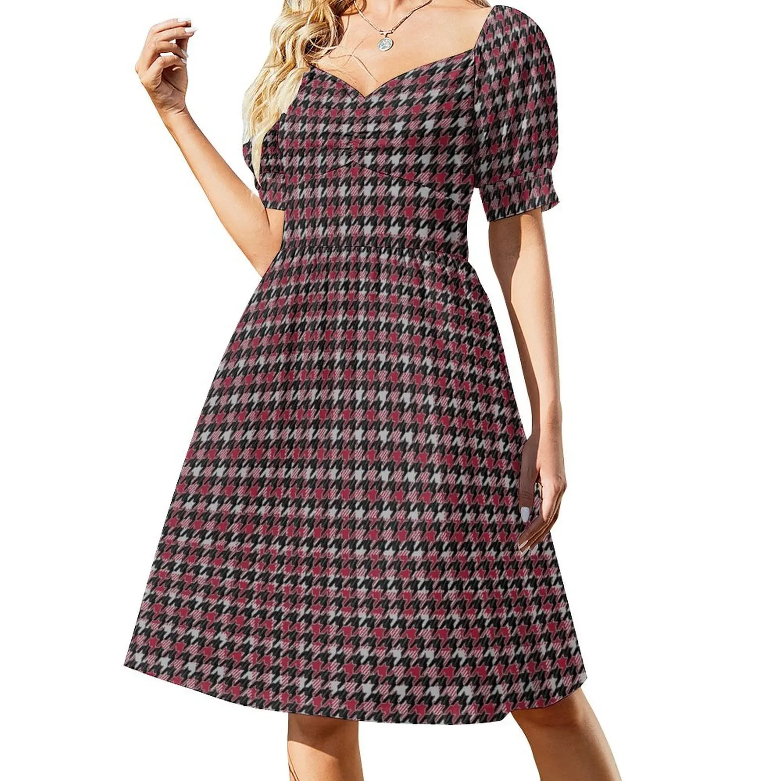

Crimson Plaid Houndstooth Gameday Dress Short-Sleeved Dress clothes for woman cocktail dresses Women's evening dress