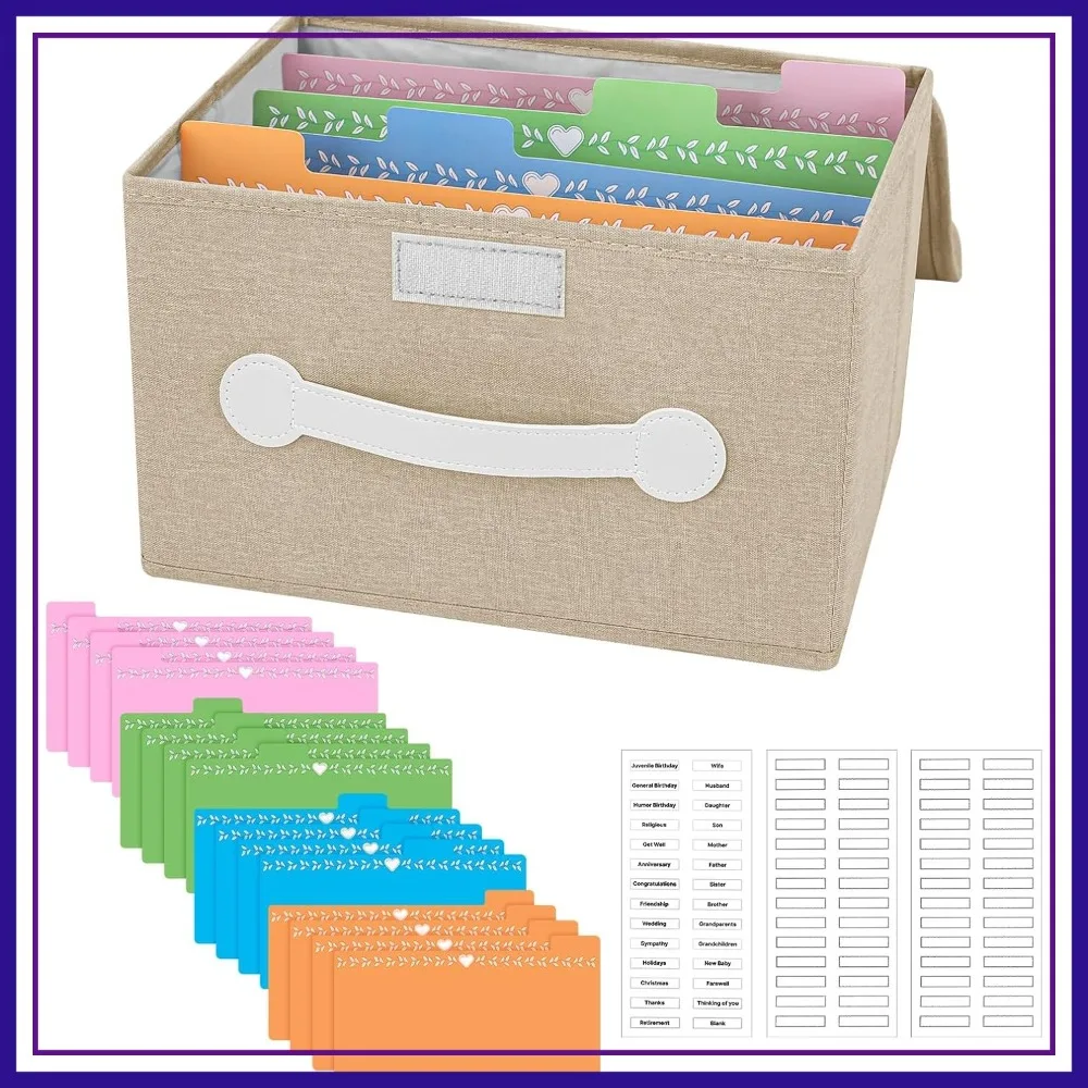 

Collapsible Greeting Card Storage Box with 16 Dividers, Beige, 84 Labels, for Cards & Photos