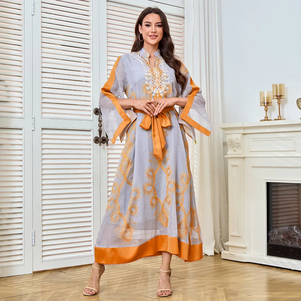 Orange Embroidered Sparkly Mesh Trendy Elegant V-neck Turtleneck Dress for Women Muslim Arabian 2026 New Fashion Female Clothes