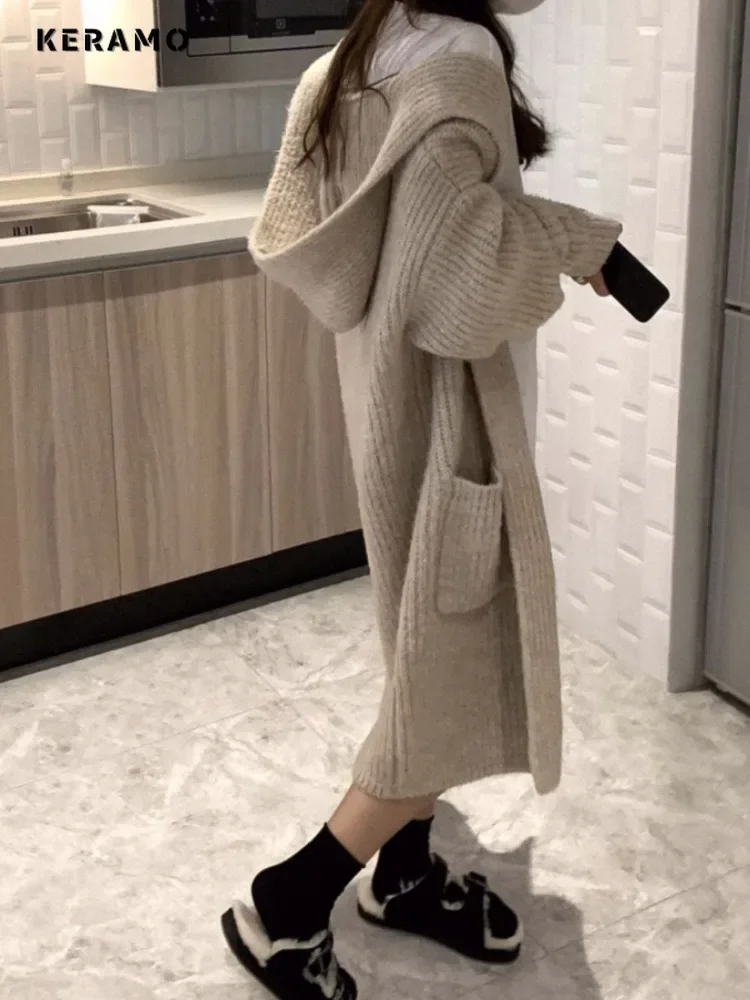 Women\'s Casual Chic Style Solid Color Knit Long Sleeve Hooded Cardigans 2024 Winter Fashion Casual Oversized Simple Sweater