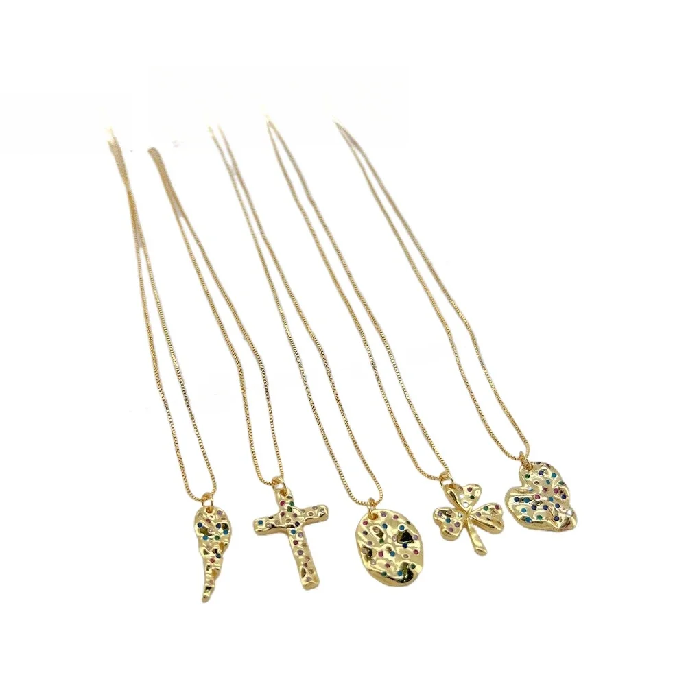 1 Pcs Inlay Colorful Zircon Pendant Only for Diy Jewelry Accessories Heart Leaf Cross Feather Oval Brass Plating Necklace Parts