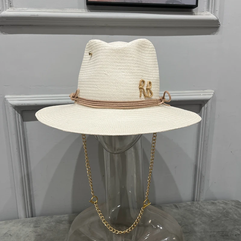 2024 summer new arrival Pierced Chain Strap Fedora Hat for women RB straw hat