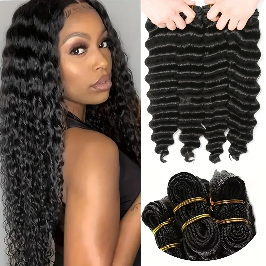 Brazilian Deep Wave Hair Human Hair Extensions 12A Deep Wave Bundles Double Weft Deals Human Hair Natural Black Color 4PCS