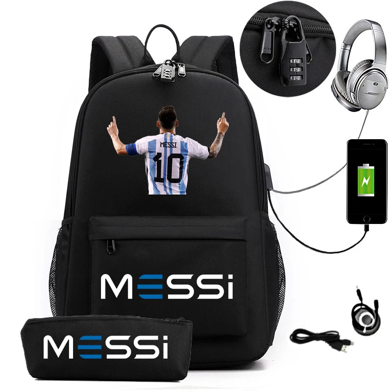 2pcs Messi School Bags Black Sports Students Boys Girls Schoolbag USB Backpack Children Teenager Laptop Waterproof School Bag