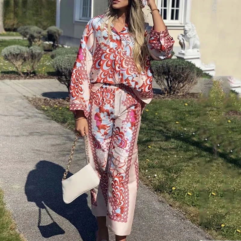 TRAF  Woman Print Shirt Suit 2023 Spring Fashion Elegant Ladies Pants Set Lady Vinatge Beach Suits Two Pieces Sets