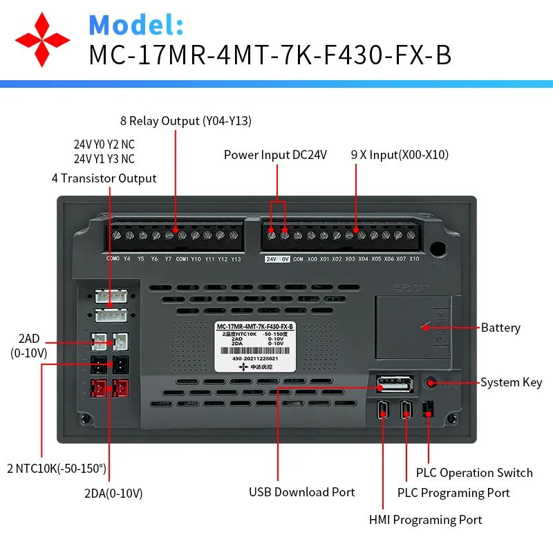 4.3 Inch PLC HMI TFT Display FX1S-17MR With 10 Input 7 Output, 2 High Speed Pulse 100KHz for Automation Welding Machine