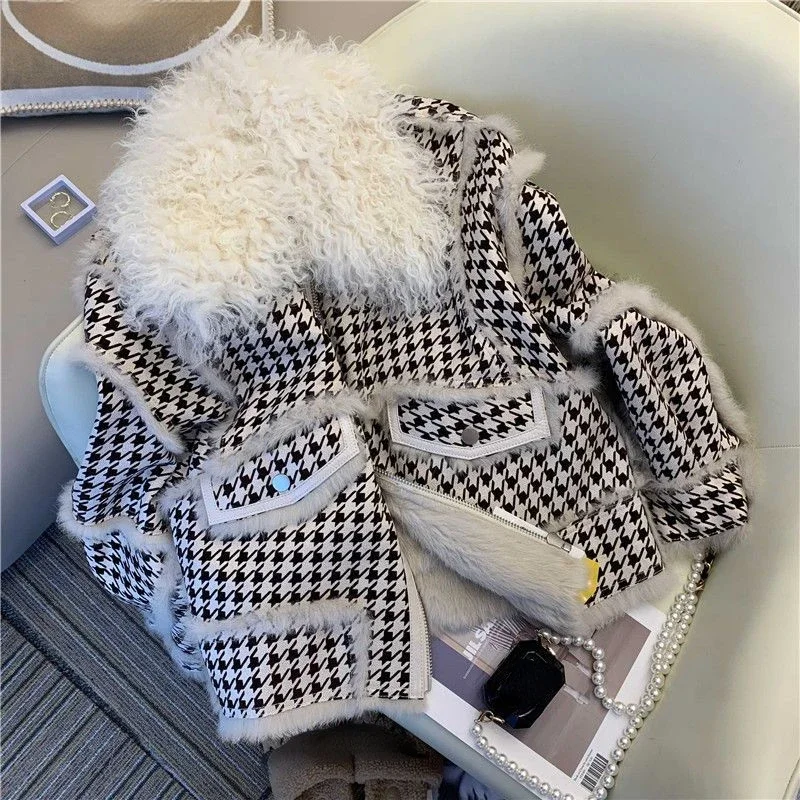 

Autumn Winter Vintage Thickened Fur Coat Small Fragrant Style Thousand Bird Plaid Lamb Wool Jacket Harajuku Parkas Tops Retro