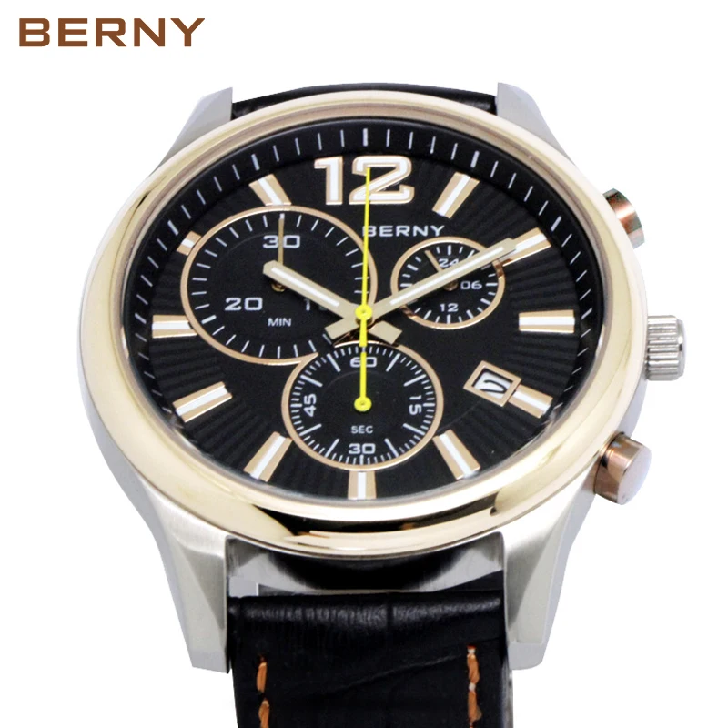 BERNY Men Quartz Sport Watches STOP WATCH Chronograph Luminous leather Strap Calendar Multi-function Sport Wristwatch Waterproof