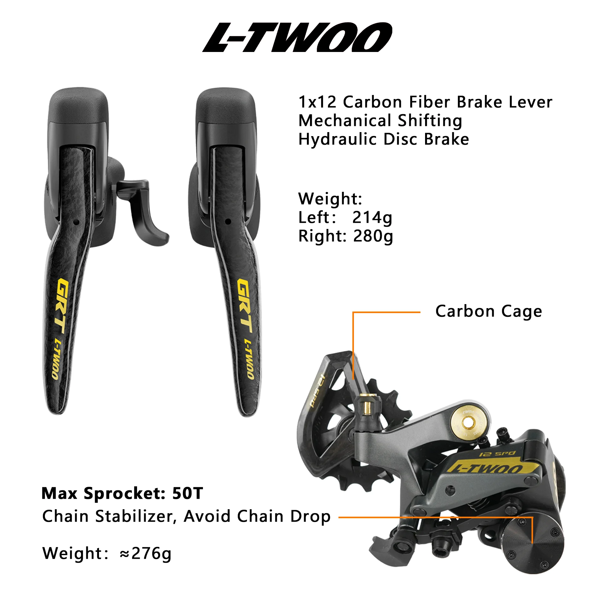 LTWOO GRT12 1x12 Speed Gravel Bike Groupset Hydraulic Disc Brake Shifter Rear Derailleur ZRACE Crankset Cassette GRX Compatible