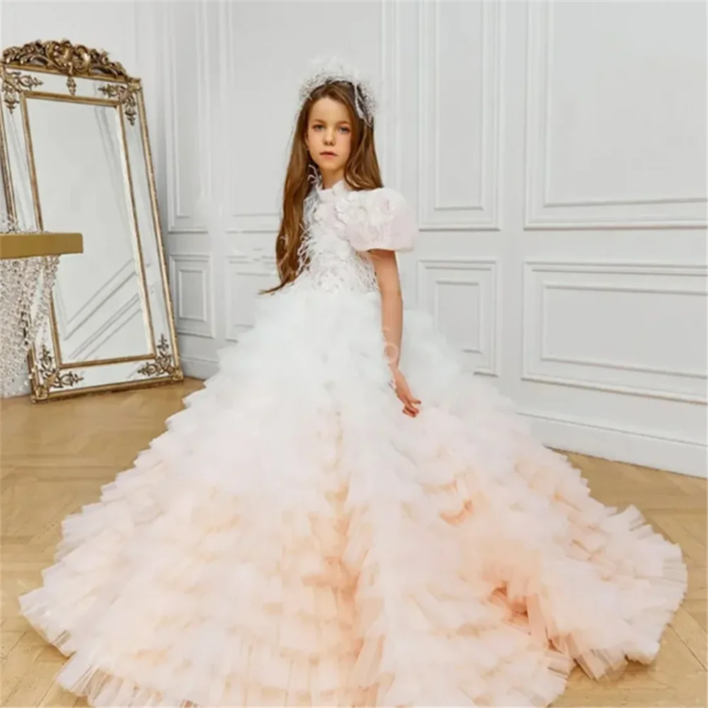 Flower Girl Dress Gorgeous Tulle Lace Printing Layered Princess Ball First Communion Dresses Kids Surprise Birthday Present