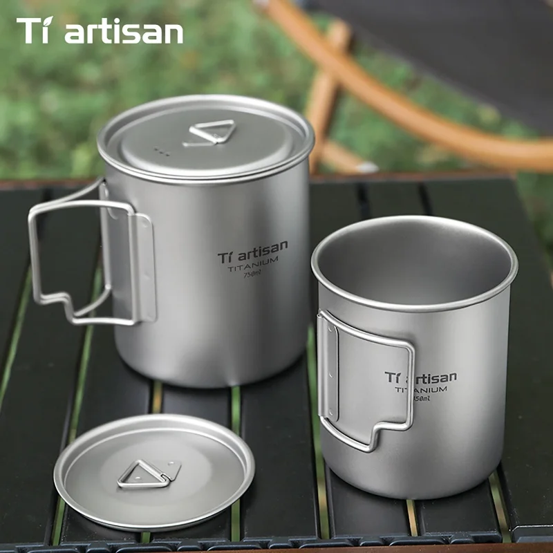 Tiartisan Titanium Foldable Camping Water Mug With Lid Outdoor Lightweight Portabale Tea Cup Cookware With Storage Mesh Bag