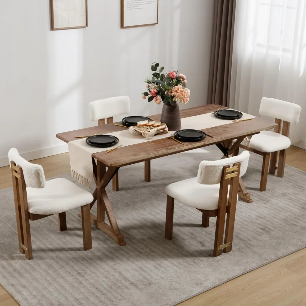 Boucle Wooden Dining Chairs Set of 4, Modern Farmhouse Dining Room Kitchen Chairs with Curved Backrest Natural Wood Legs,
