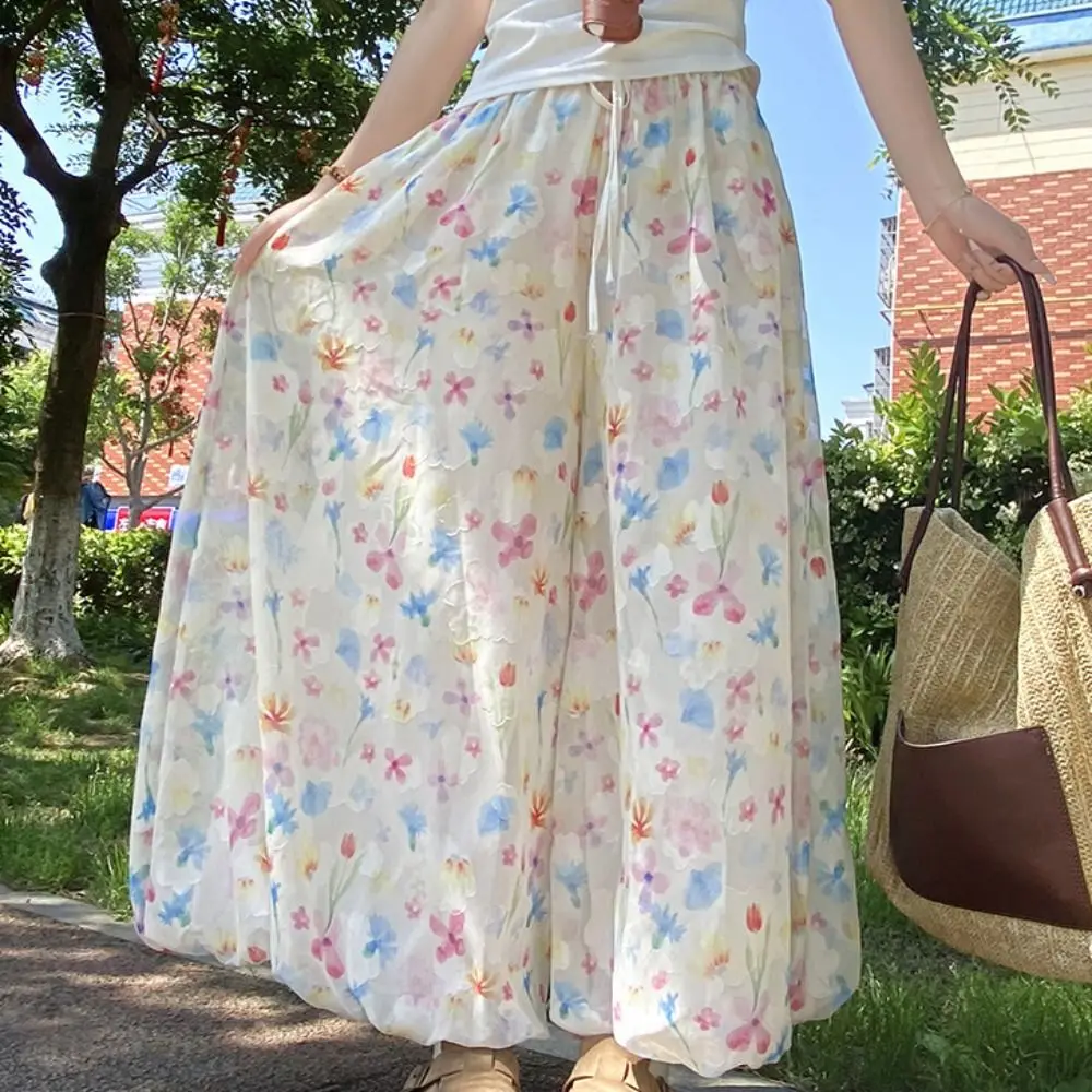 Pastel Floral Print Wide Leg Pants Elastic Waistband Lightweight Floral Pants Flowy Drape Loose Fit Women Summer High Waist
