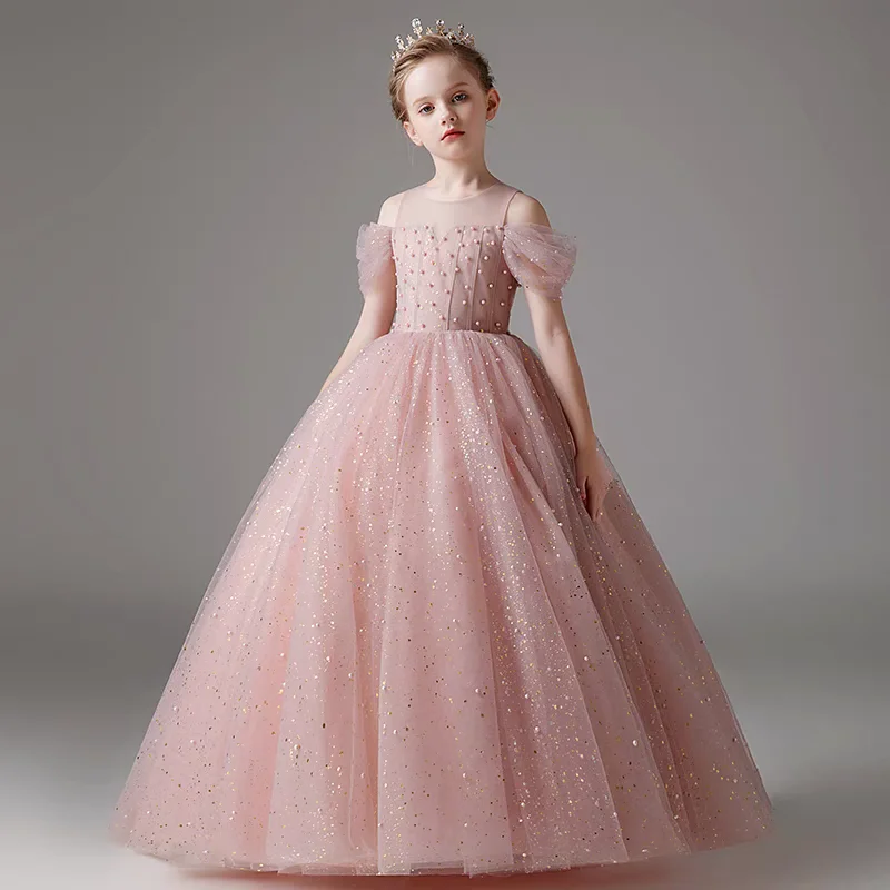 Perlenkindkleid aus Tüll, Kleid rosa Prinzessin