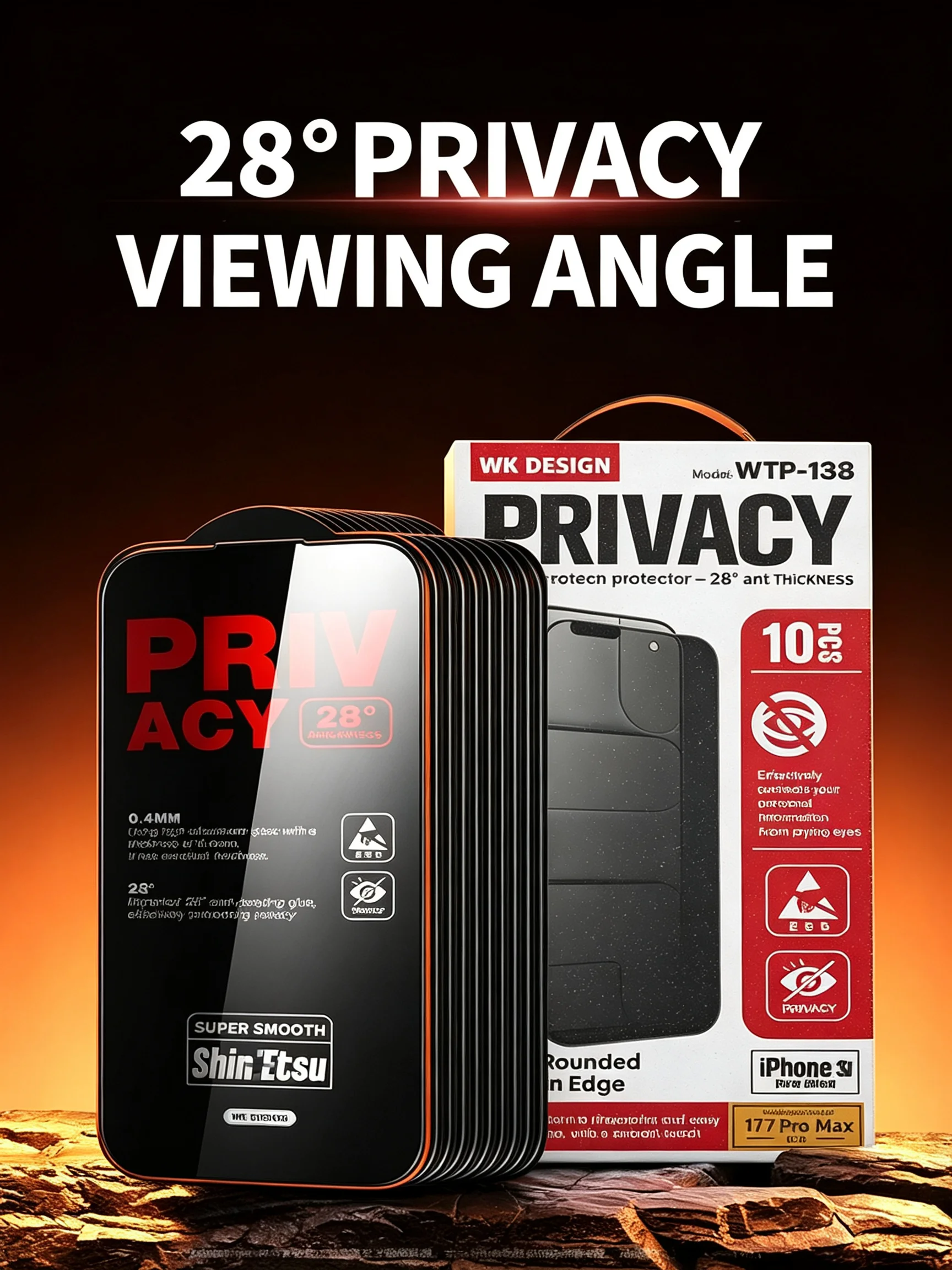 WEKOME 6D Curvo 28 °   Degree Privacy - Protector de pantalla de vidrio templado, 10 unidades, 9H, antihuellas, revestimiento oleofóbico para iph13-17