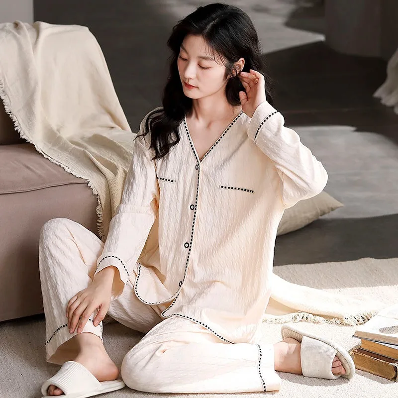 Spring Autumn Women Pure Cotton Pajamas Female Large Size Sweet Cardigan Long Sleeve Pants Homewear Suit Casual Simple Sleepwear