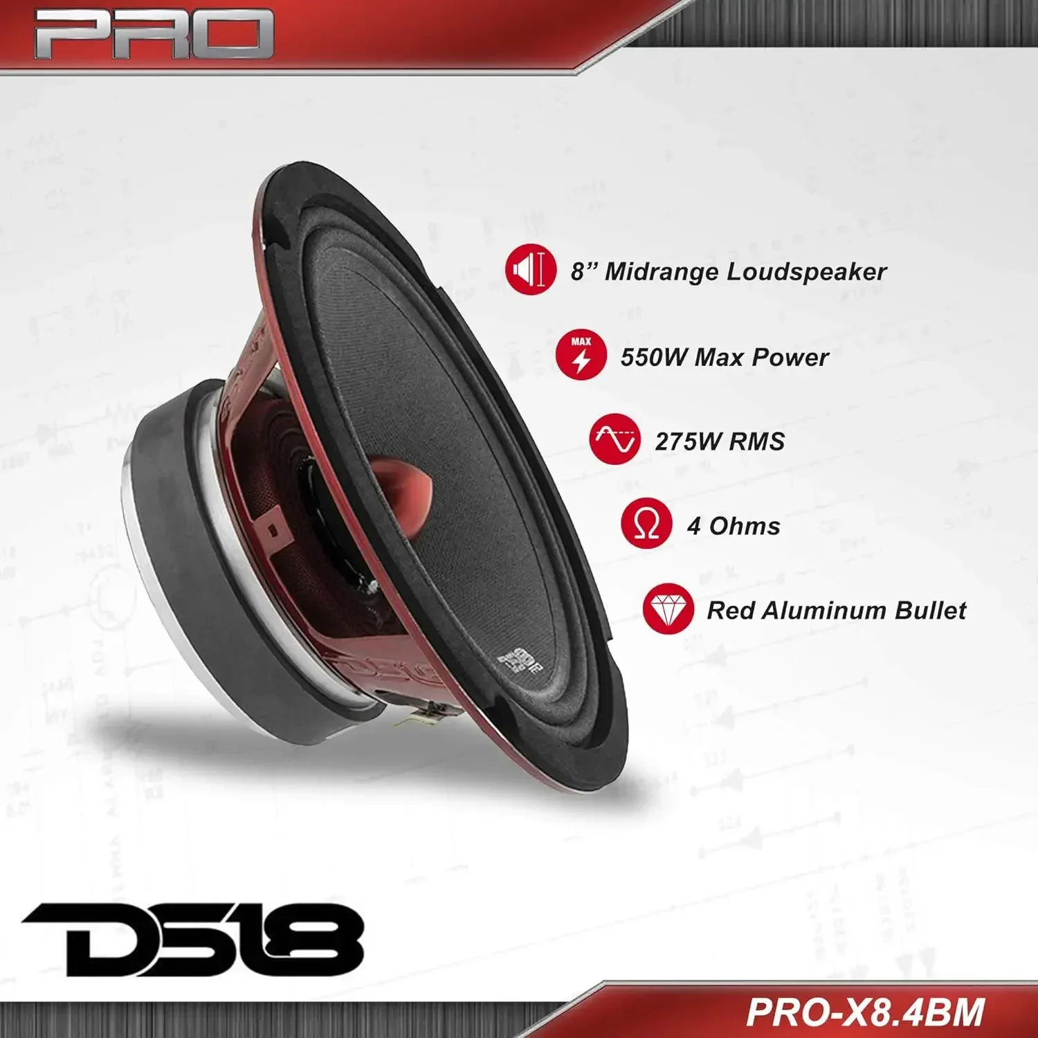 مكبر صوت DS18 PRO-X8.4BM - 8 بوصة، متوسط المدى، رصاصة ألومنيوم حمراء، 550 وات كحد أقصى، 275 وات RMS، 4 أوم - مكبرات صوت عالية الجودة للباب