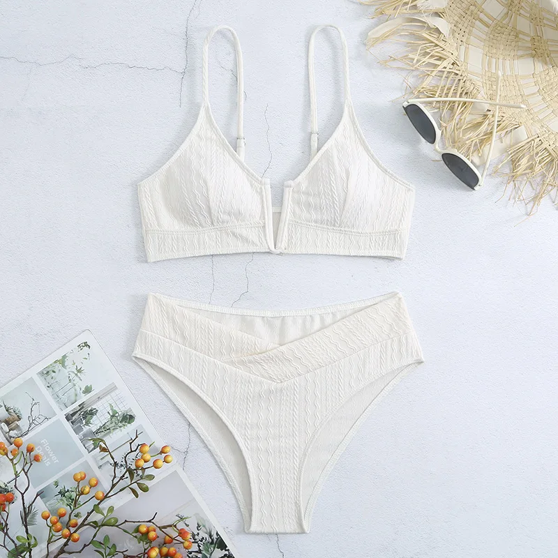 Sommer Neue Einfarbig 2-teilige Badeanzug Sexy Hohe Taille V-ausschnitt Bikini Hosenträger Backless Strand Weibliche Backless Bademode