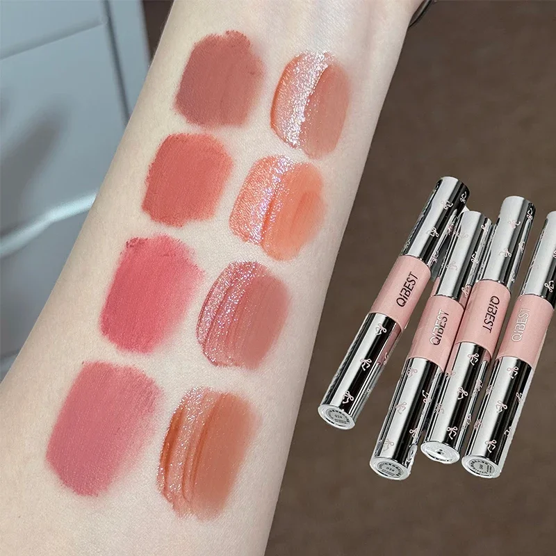 QIBEST esmalte de labios de doble punta duradero tinte rojo Sexy lápiz labial líquido espejo hidratante tinte de labios cosméticos coreanos ligeros