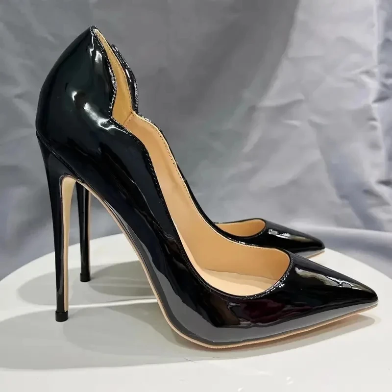 Tikicup Curl Cut Women Solid Black Patent Pointy Toe High Heel Shoes Elegant Pumps Customize Stilettos Size 46 8cm 10cm 12cm