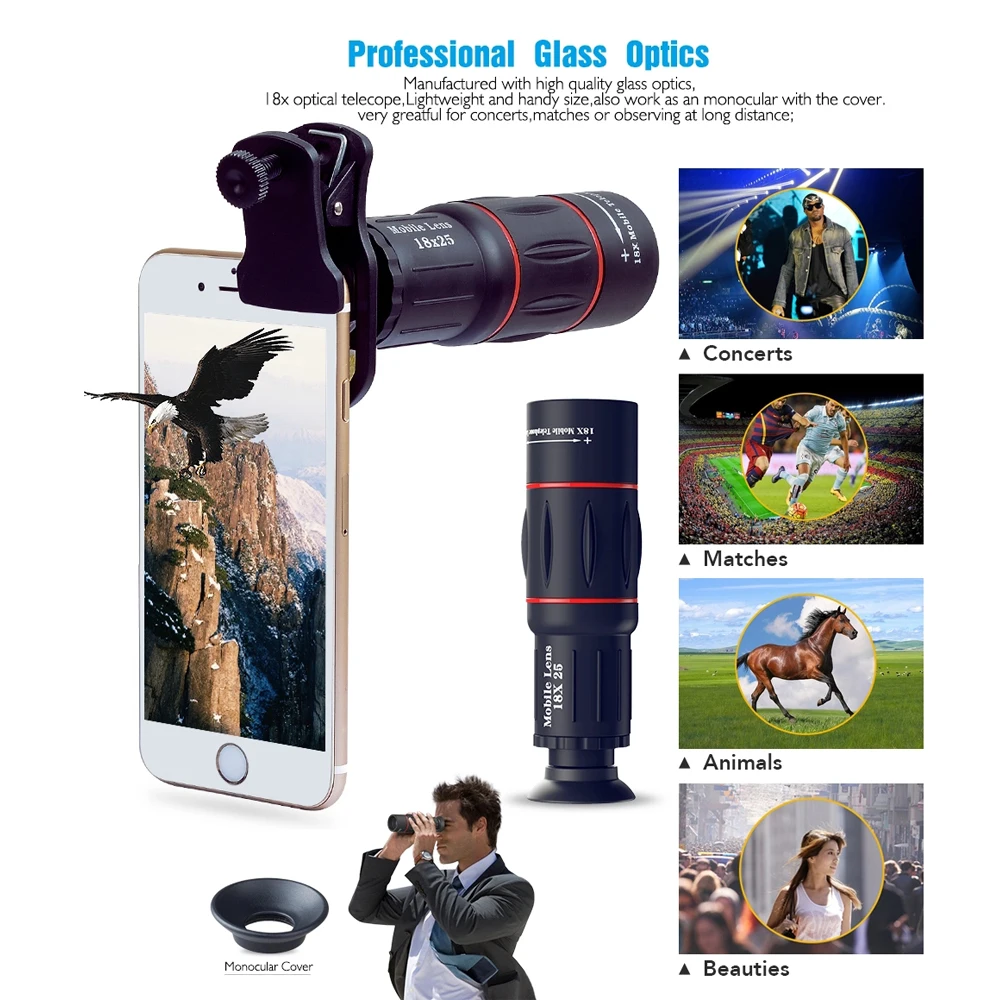 Mobile Phone Lenses 18X Telescope Monocular Zoom Camera Lens for IPhone 7 Samsung S8 with Tripod&Bluetooth Remote Control
