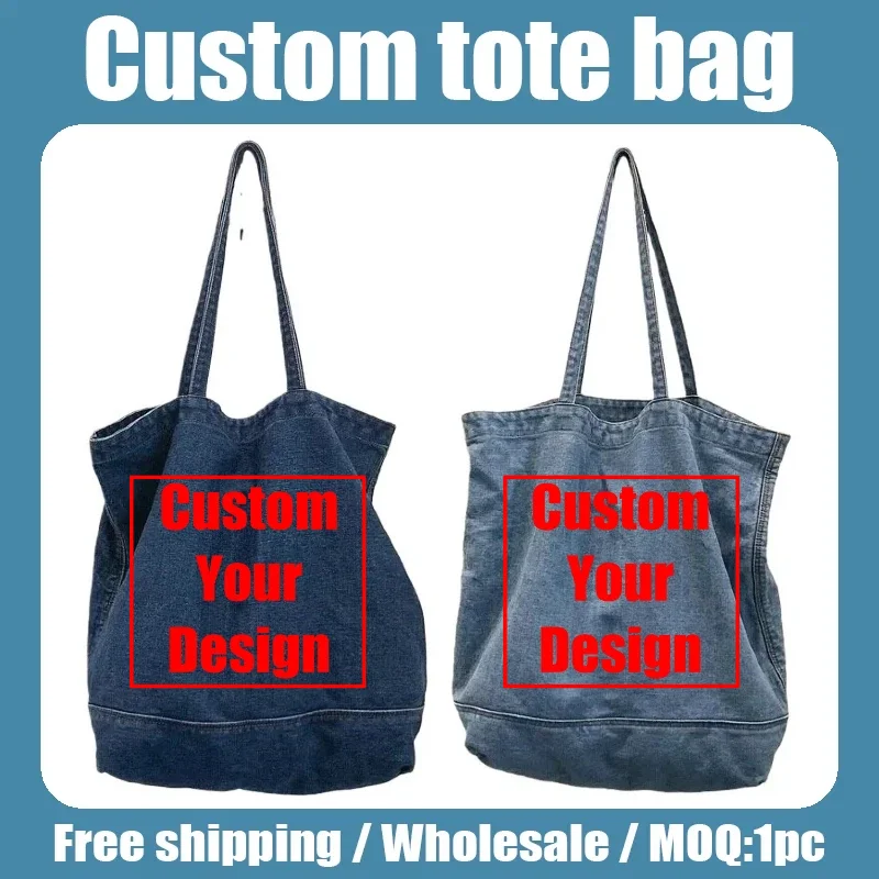 

Джинсовая большая сумка с принтом логотипа на заказ, простая сумка на плечо, большая вместимость и однотонный цвет для студентов, оптовая продажа