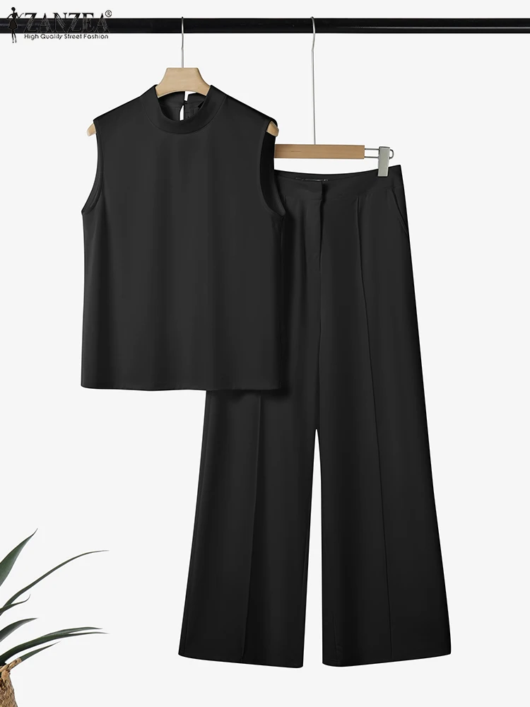 

ZANZEA 2PCS OL Work Outfits 2025 Summer Women Matching Sets Fashion Sleeveless Solid Blouse Pant Sets Solid Loose Tracksuits