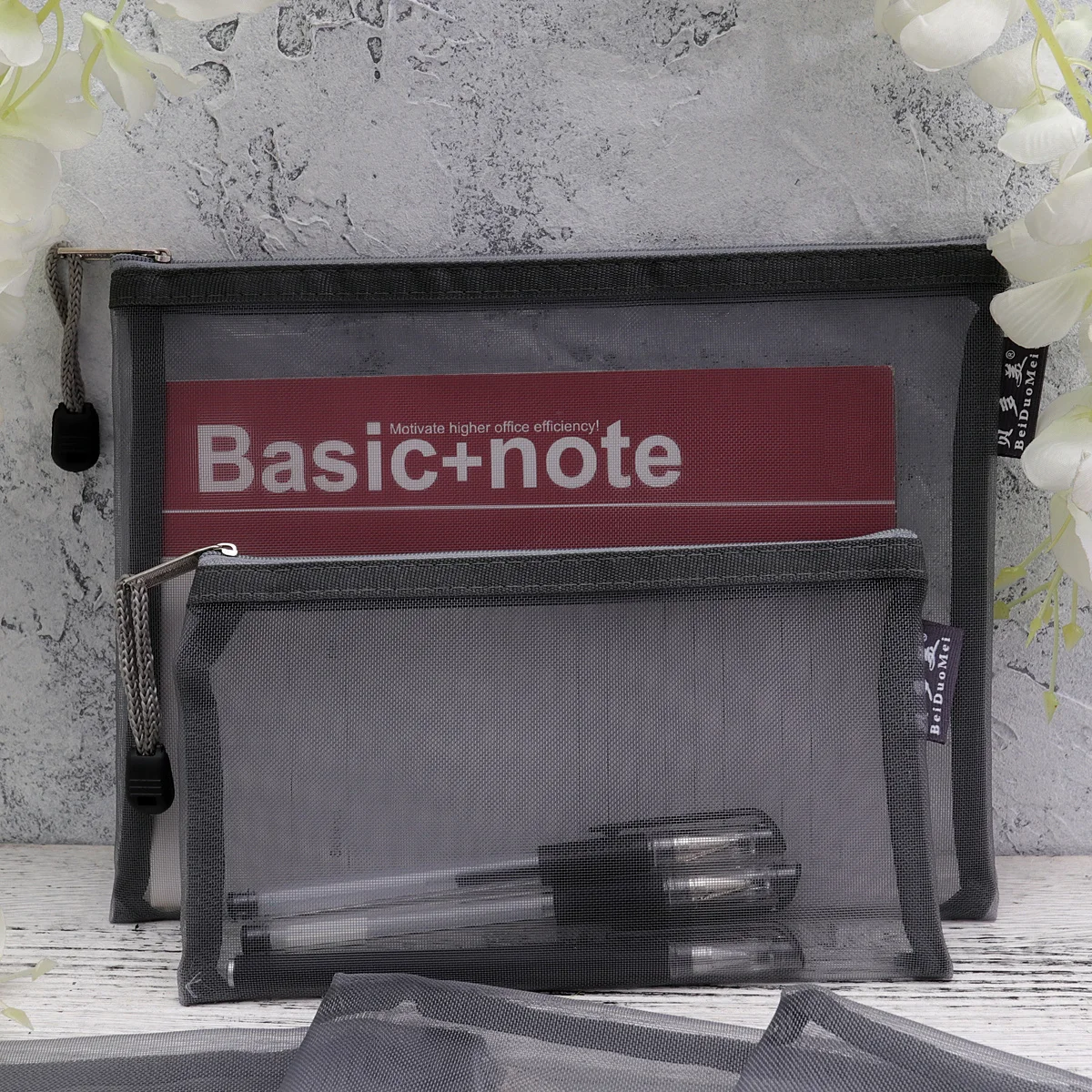 6Pcs Mesh Stationery Bag Grey Portable Zippered File Organizer Small A5 A6 Document Holder for Office School Supplies