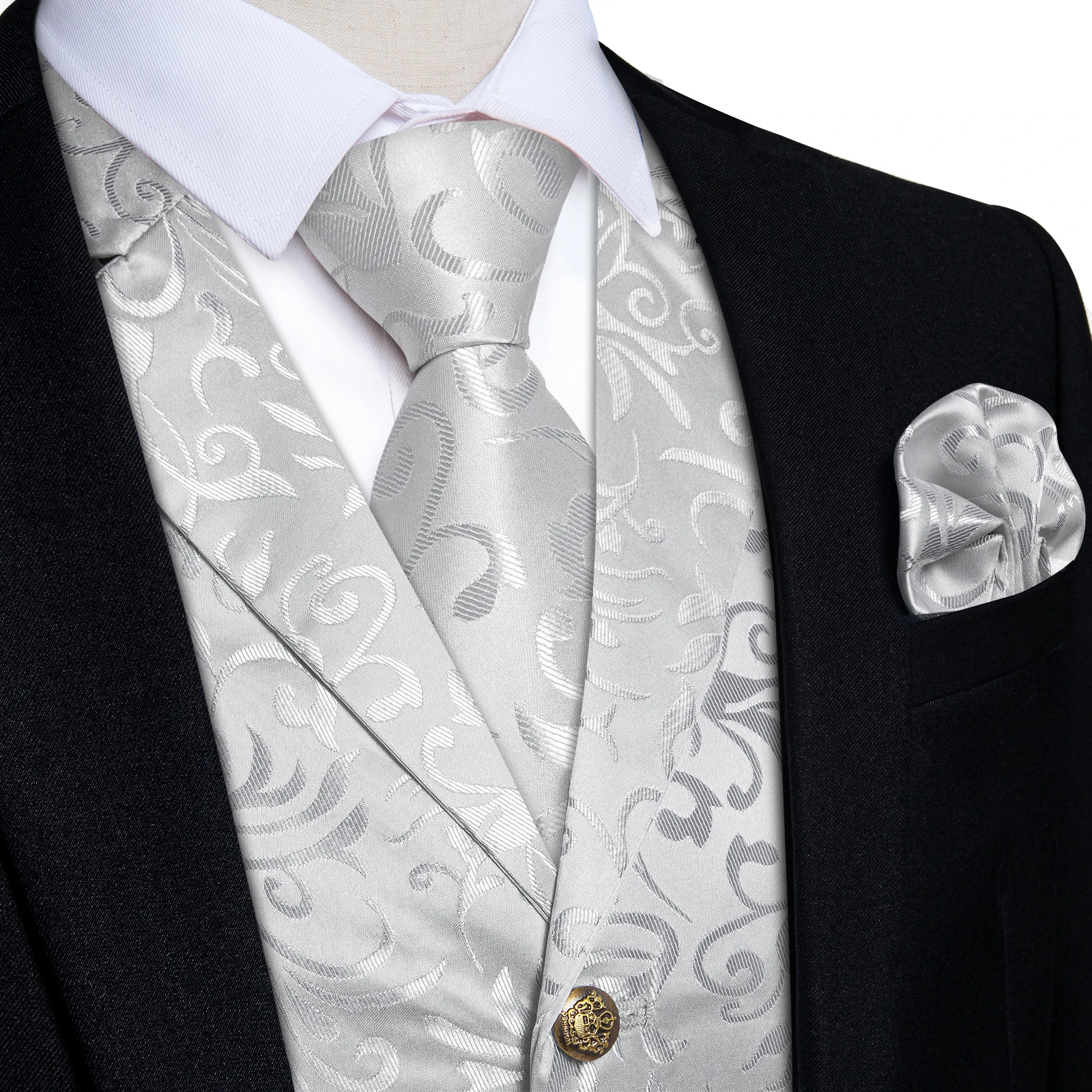 Mens Suit Vest Black Silver Paisley Floral Gothic Waistcoat Party Dresses Victorian Vest Tie Set Groomman For Wedding