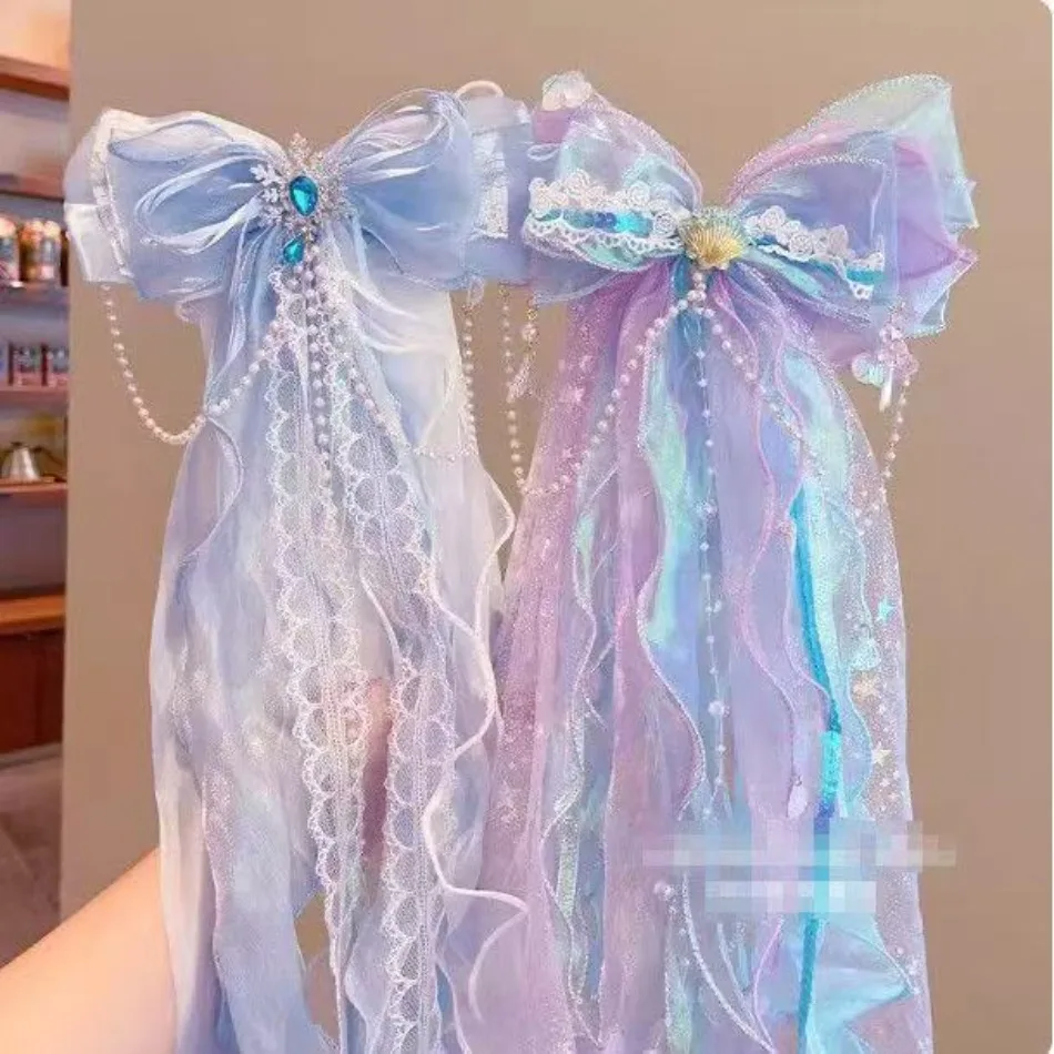 Girls Snowflake Bow Hairpin Veil Children Fairy Sweet Girl Headgear Birthday Gift Streamer Hairpin Princess Shiny Hair Clip HP01