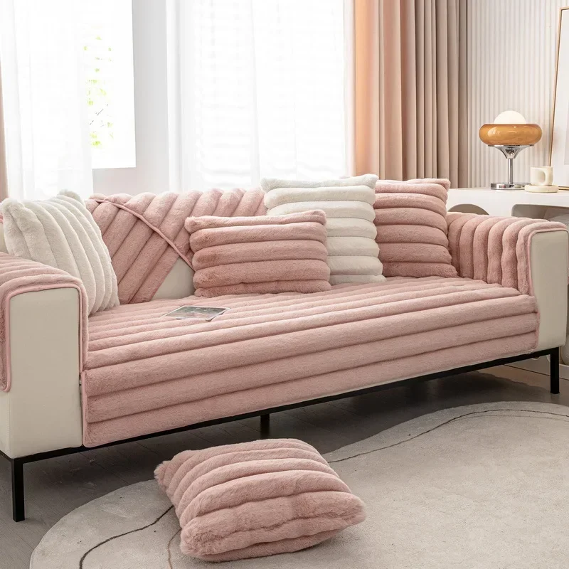 

Plush Cushion Non-Slip High-Level Sofa Cover 2023 New Cover Cloth Sofa Cushion Winter Thickened Striped Rabbit
