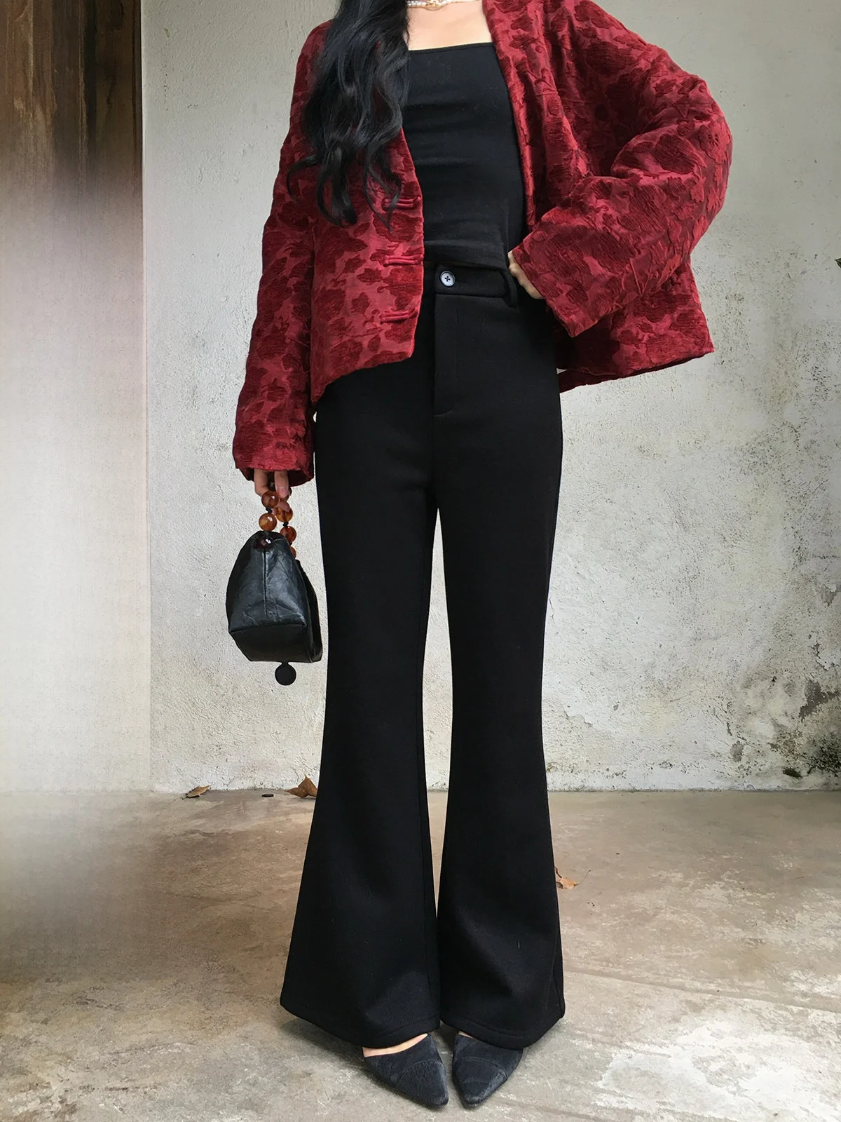 

Iceollox Fce Lined Flared Pants Women's Casual Unique Sli Long Trousers Winter Faion Ladies' High Waist Button Fly