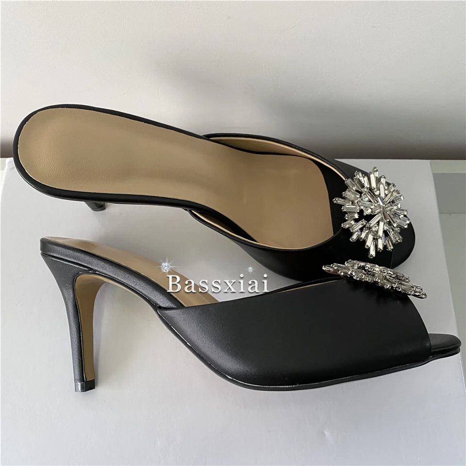 Sandali moderni con fibbia a diamante in cristallo donna 10cm Slingbacks con tacco a spillo muli estivi in vera pelle 2024