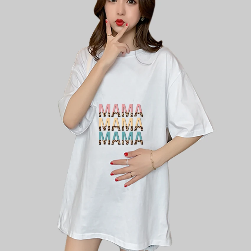 

Fashion Funny Graphic Cartoon Leopard Pattern Letter Mama Printed Pregnant T Shirt Add Your Design Girl Maternity Short Sleeve