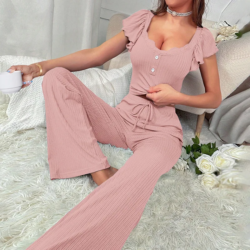 Cross-border AliExpress autumn and winter new women\'s loungewear short-sleeved top trousers casual pajamas set