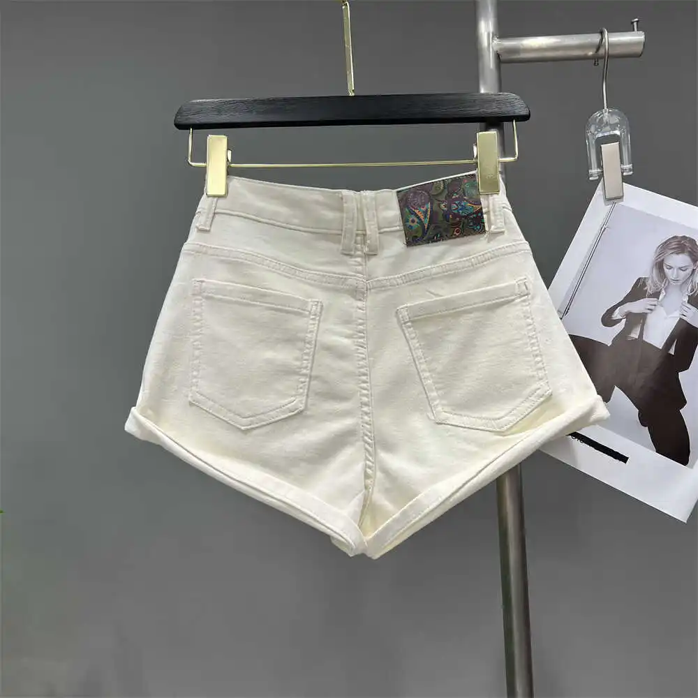 Faionable Low-Waist Flared Denim orts Glittery Trendy Summer Wear A-Line Hot Pants Neutral Sle High Waist Zipper Closur...