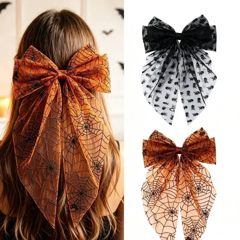 39BD Oversized Halloween Hair Bows with Mesh Layers and Long Ribbon Tails, 2Piece Mesh Bowknot Clip for Women Costume Photo